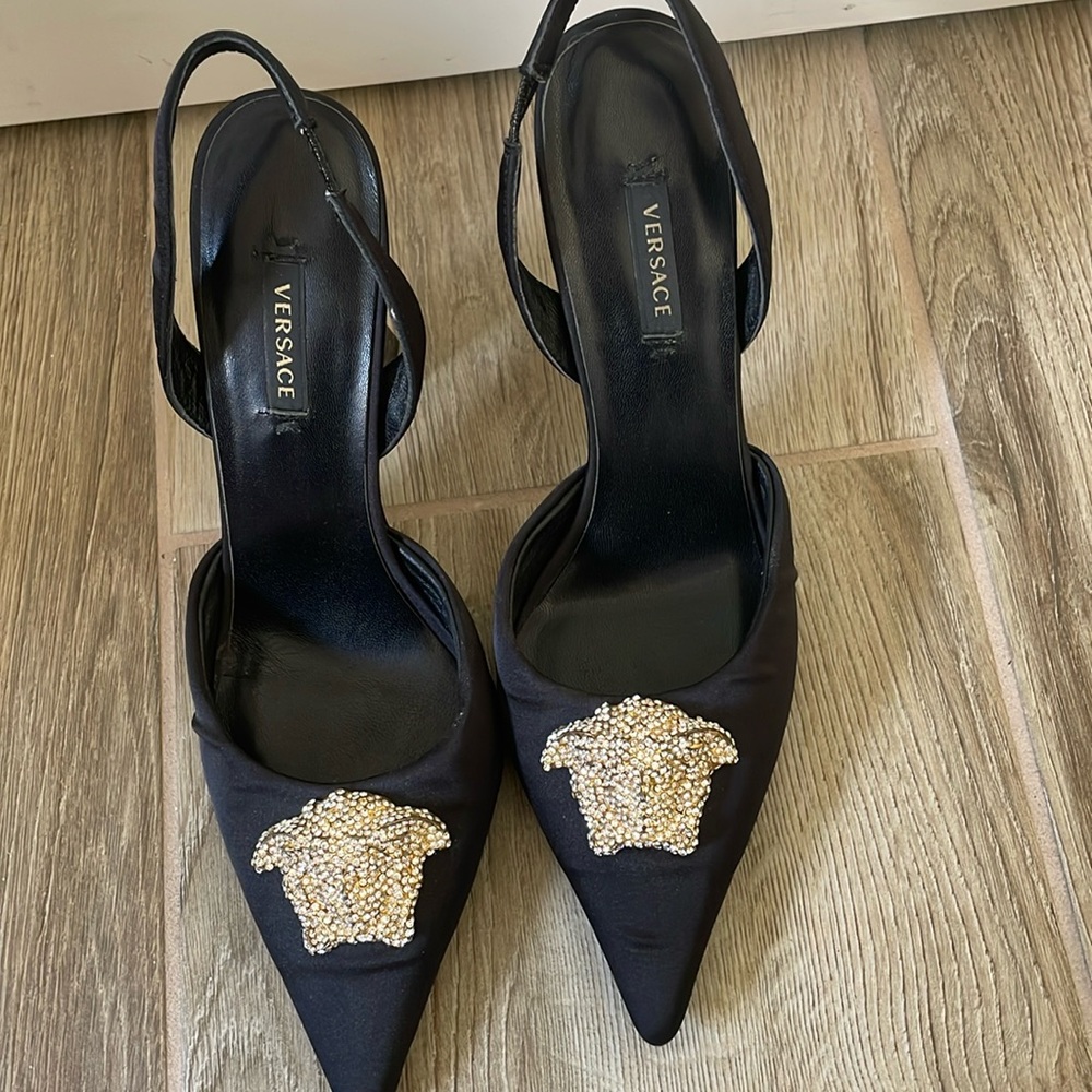 Versace Crystal Medusa Satin Pumps. Excellent Condition! Just a Beautiful Shoe